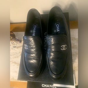Authentic Chanel Quilted Calfskin Mocassins CC Chrome Logo Loafer.